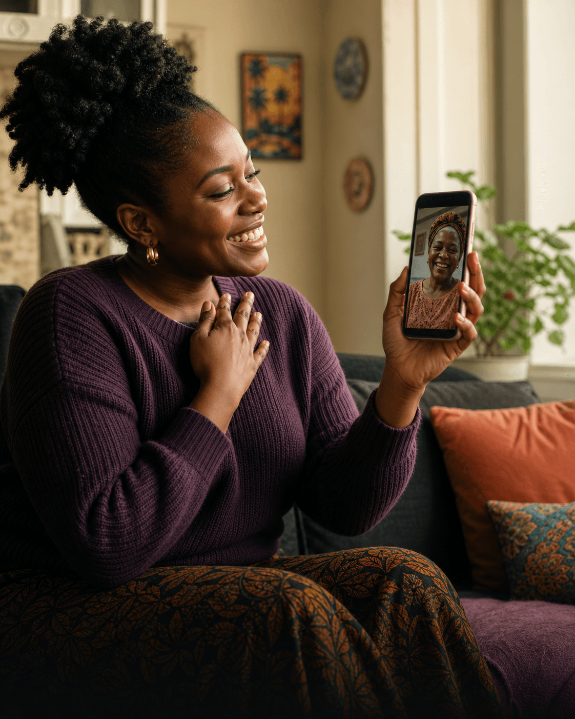 A woman on a video call, hand on heart, seeing her mother's face on screen